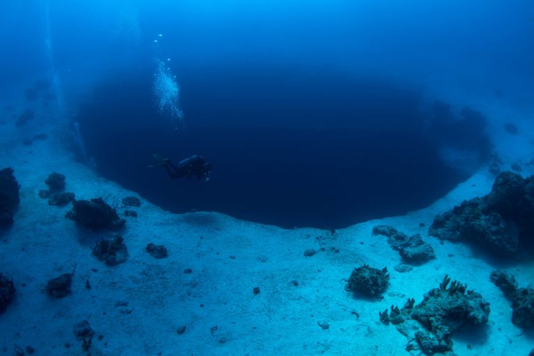 A diver off the Aqua Cat entering the Lost Blue Hole